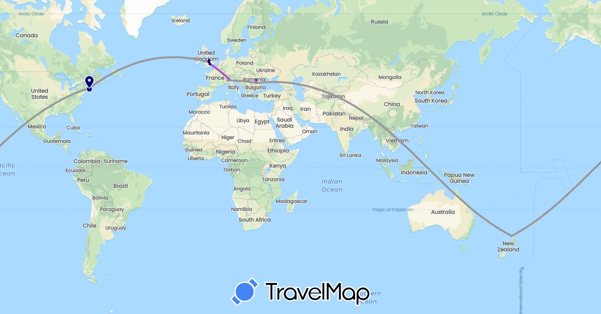 TravelMap itinerary: driving, plane, train in United Kingdom, Italy, New Zealand, Romania, United States (Europe, North America, Oceania)
